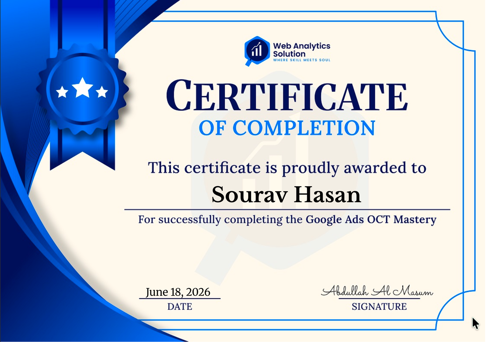 Web Analytics Solution, Google Ads OCT Mastery certificate